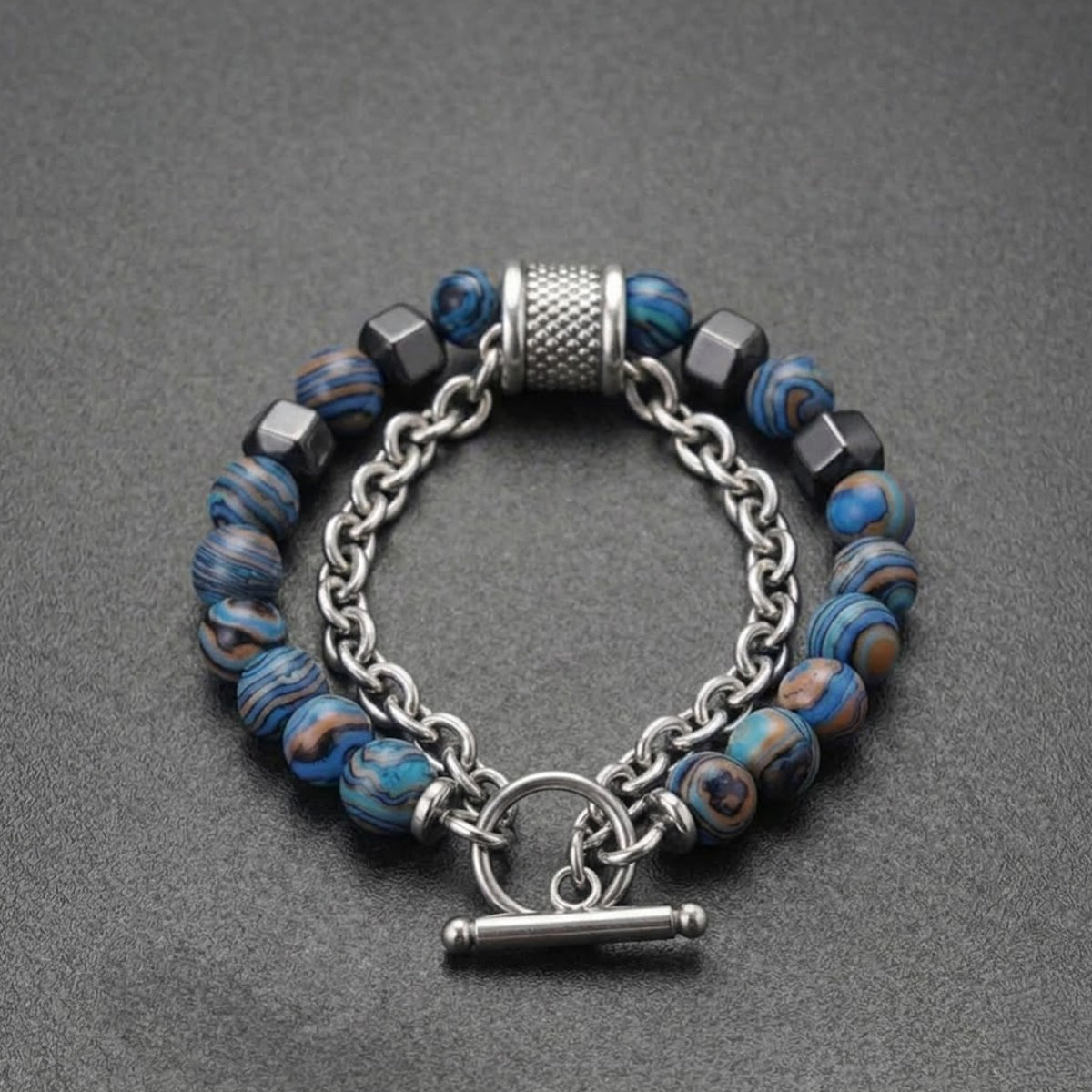 Men’s Stainless Steel Beaded Bracelet | Blue Stone Beads with Chain Design | Anti-Tarnish |