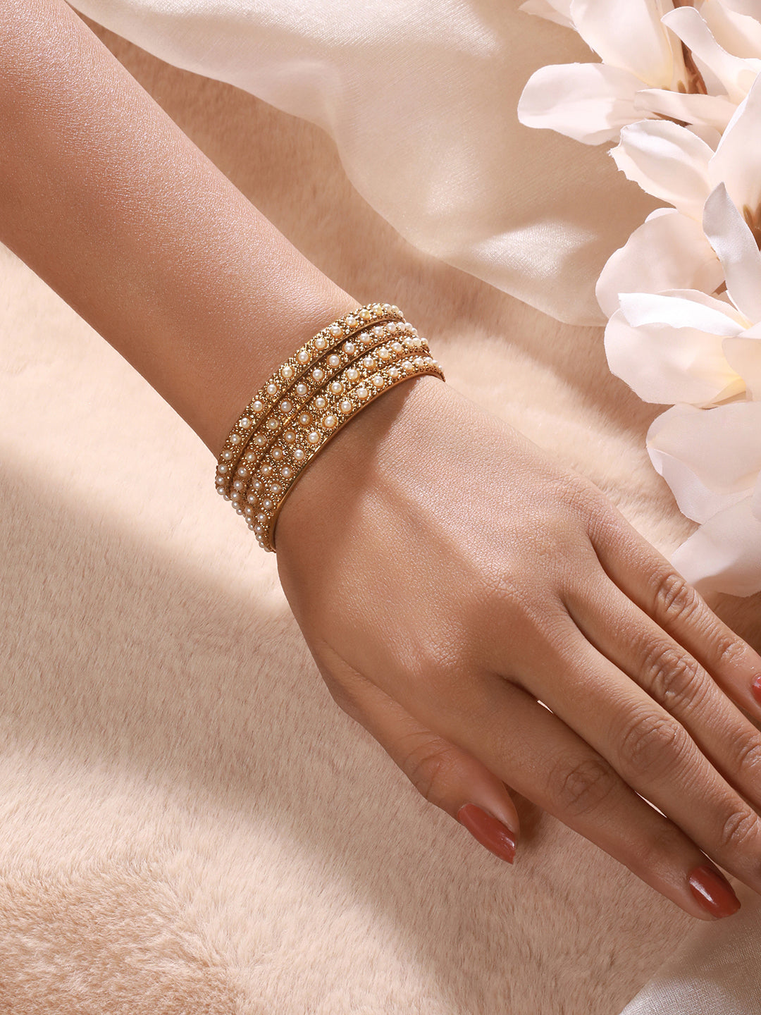 Set Of 2 Gold-Plated Bold Pearl-Studded Bangles - Jazzandsizzle