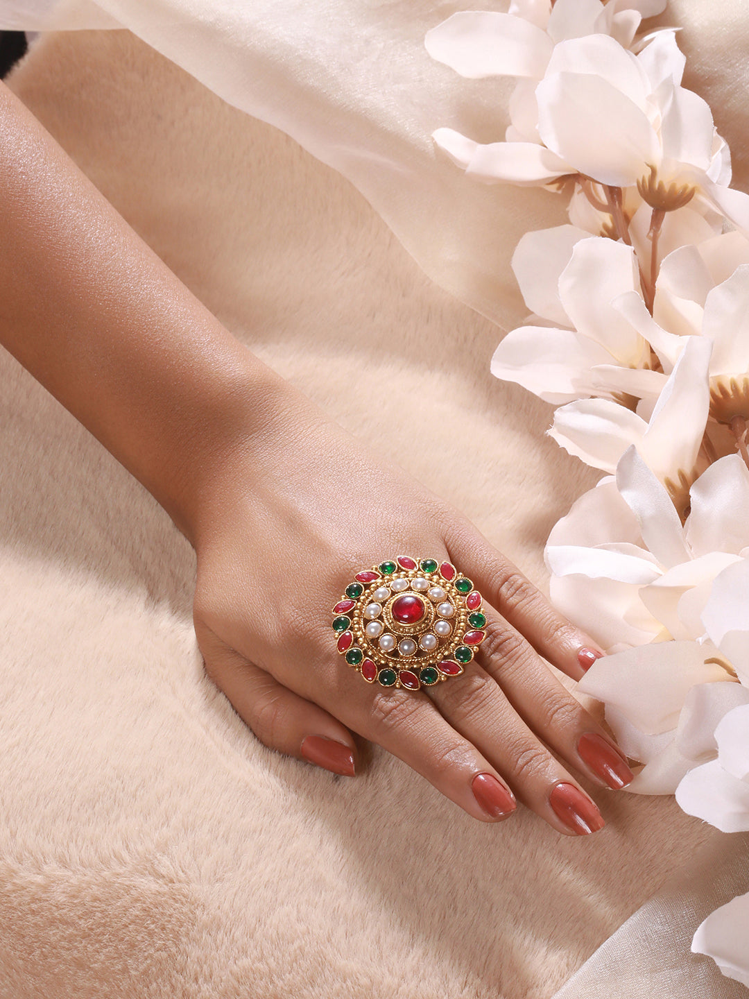 Gold Plated Stone Studded & Beaded Meenakari Adjustable Finger Rings - Jazzandsizzle