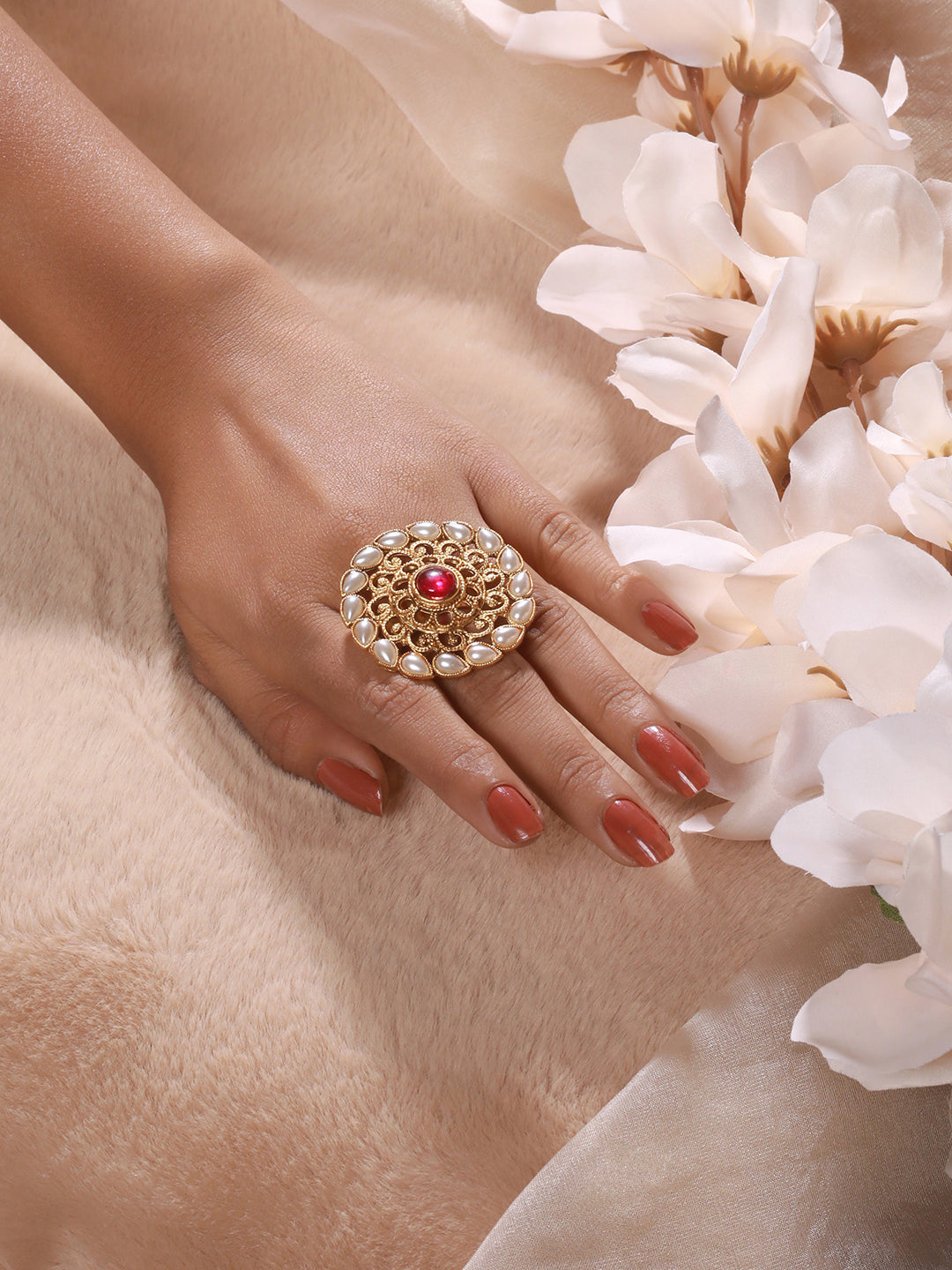 Jazz Abd Sizzle Gold Plated Red Stone Studded & Beaded Adjustable Finger Rings - Jazzandsizzle