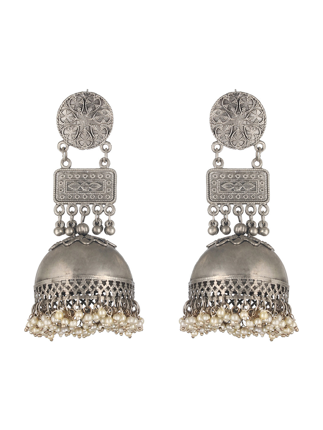 Silver-Plated Oxidised Dome Shaped Jhumkas Earrings - Jazzandsizzle