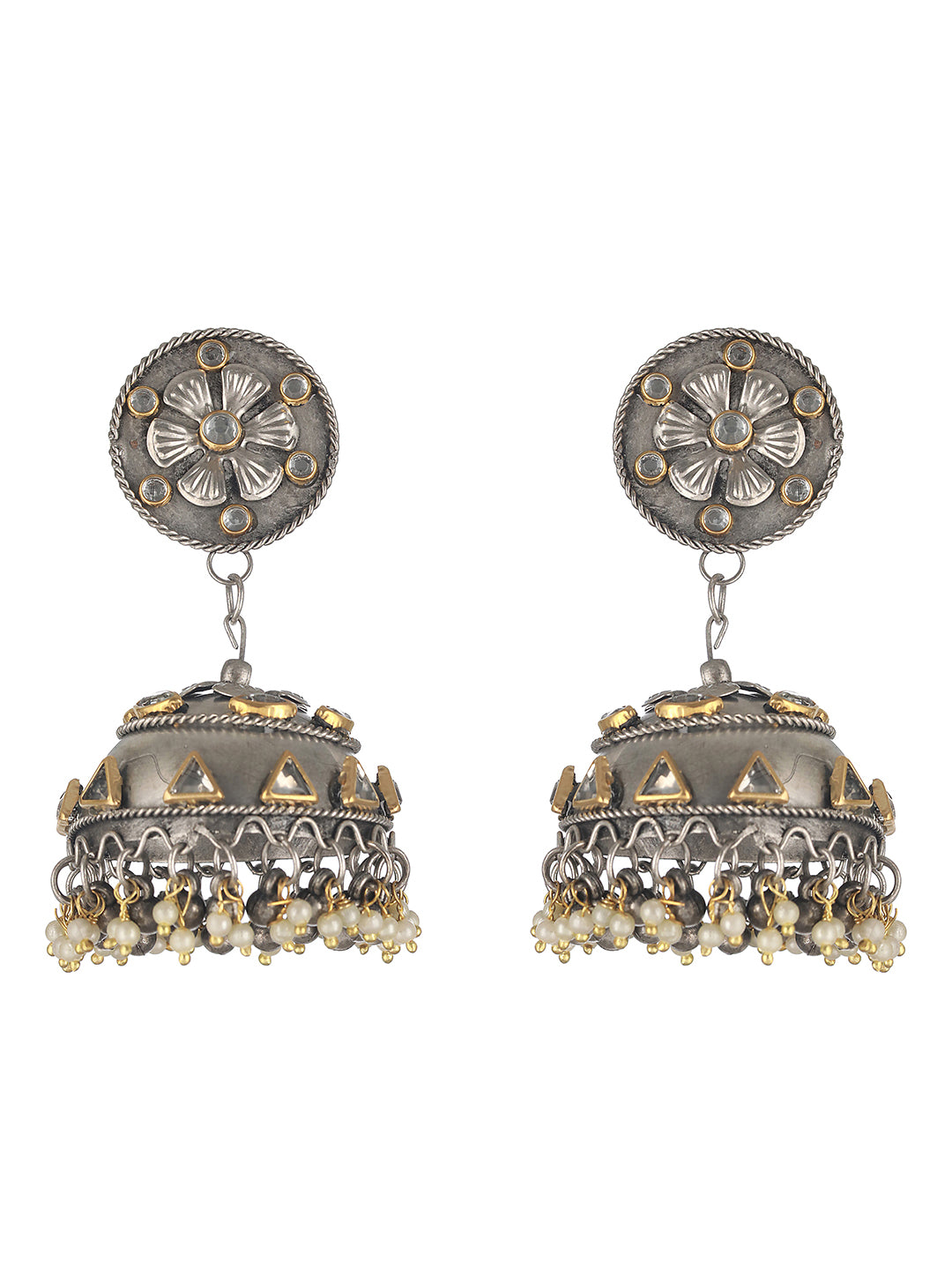 Silver-Plated Kundan-Studded Dome Shaped Jhumkas Earrings - Jazzandsizzle