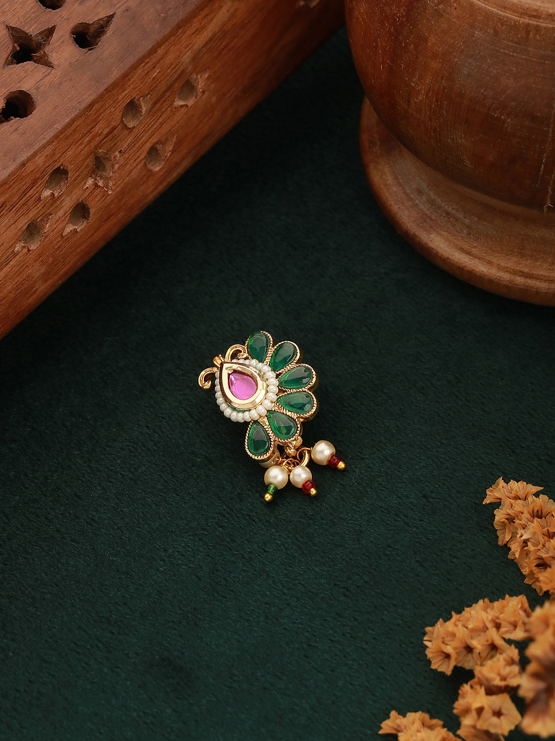 Gold-Plated White Kundan-Studded Clip-On Nose Pin With Beaded Extension - Jazzandsizzle