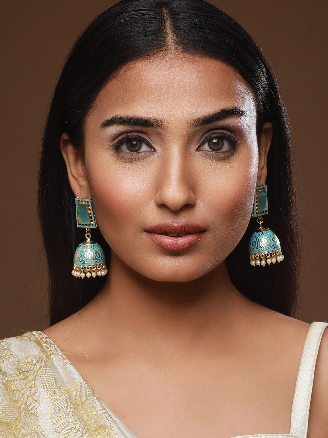 Turquise Blue Gold Plated Stone Studded & Beaded Handcrafted Enamelled Jhumkas - Jazzandsizzle