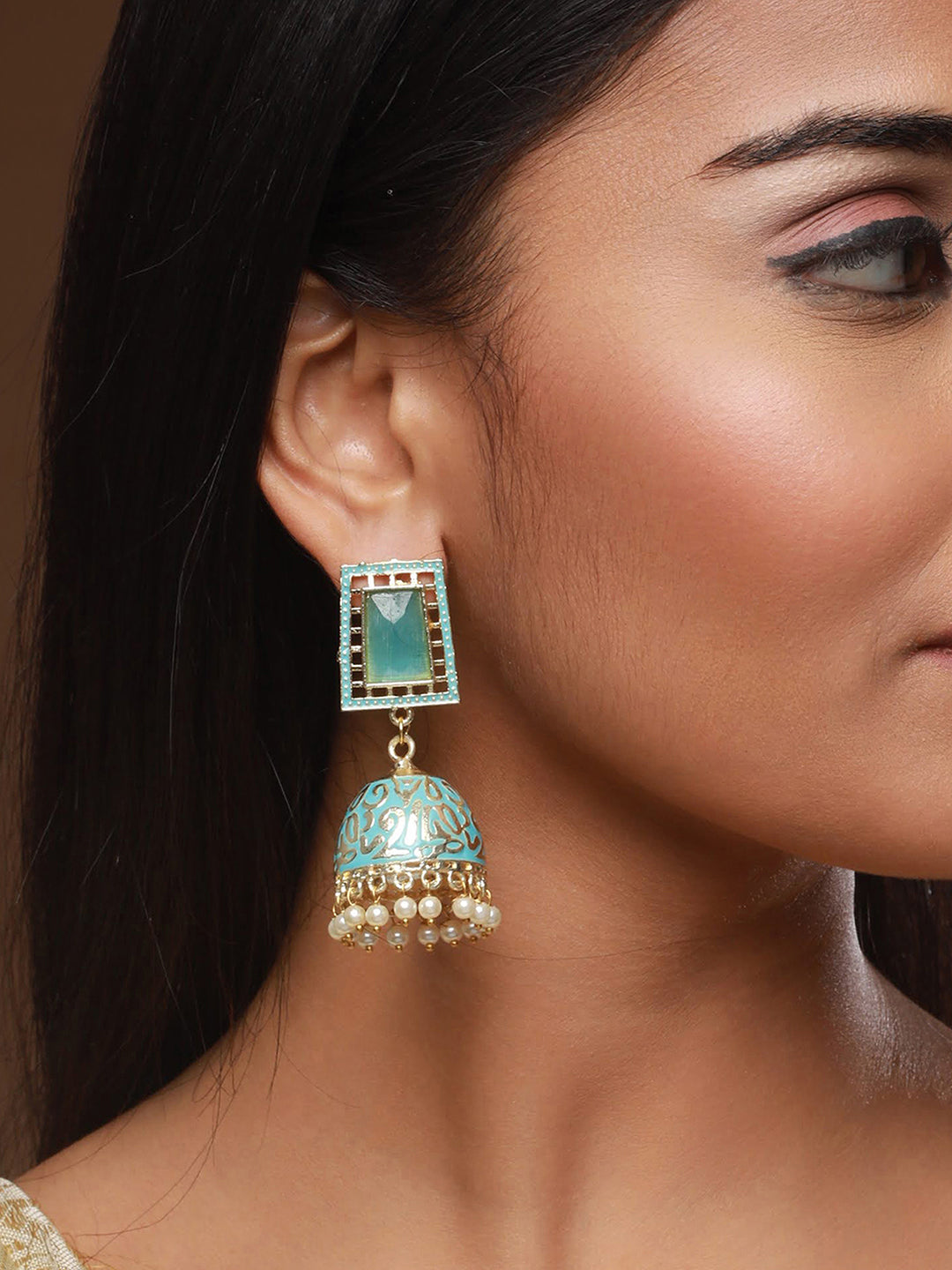 Turquise Blue Gold Plated Stone Studded & Beaded Handcrafted Enamelled Jhumkas - Jazzandsizzle