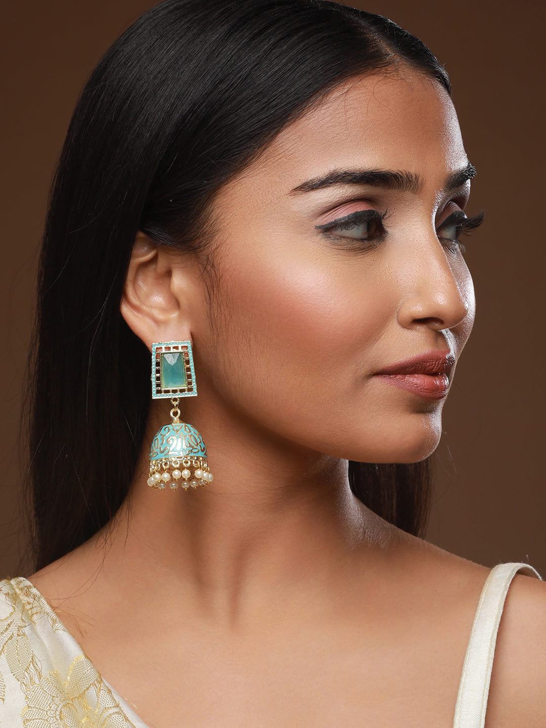 Turquise Blue Gold Plated Stone Studded & Beaded Handcrafted Enamelled Jhumkas - Jazzandsizzle