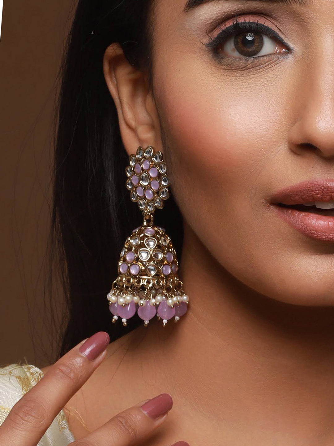 Gold Plated Purple Beaded & White Kundan Studed Jhumka Earrings - Jazzandsizzle