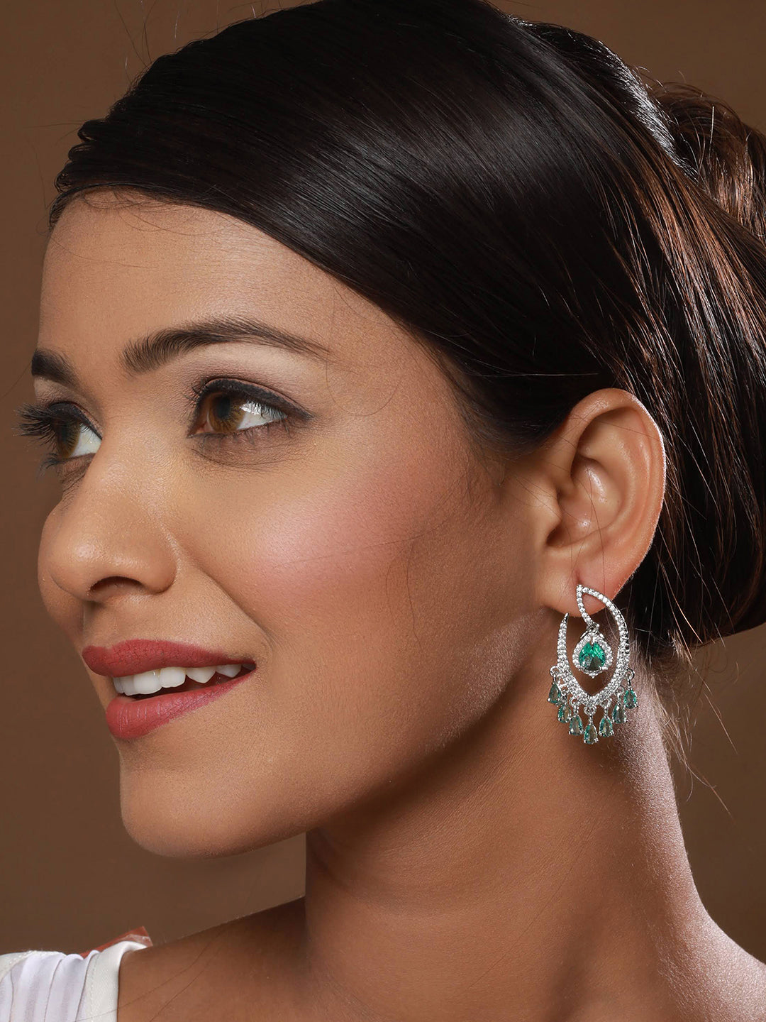 Green & White Rhodium Plated AD Studded Drop Earrings - Jazzandsizzle