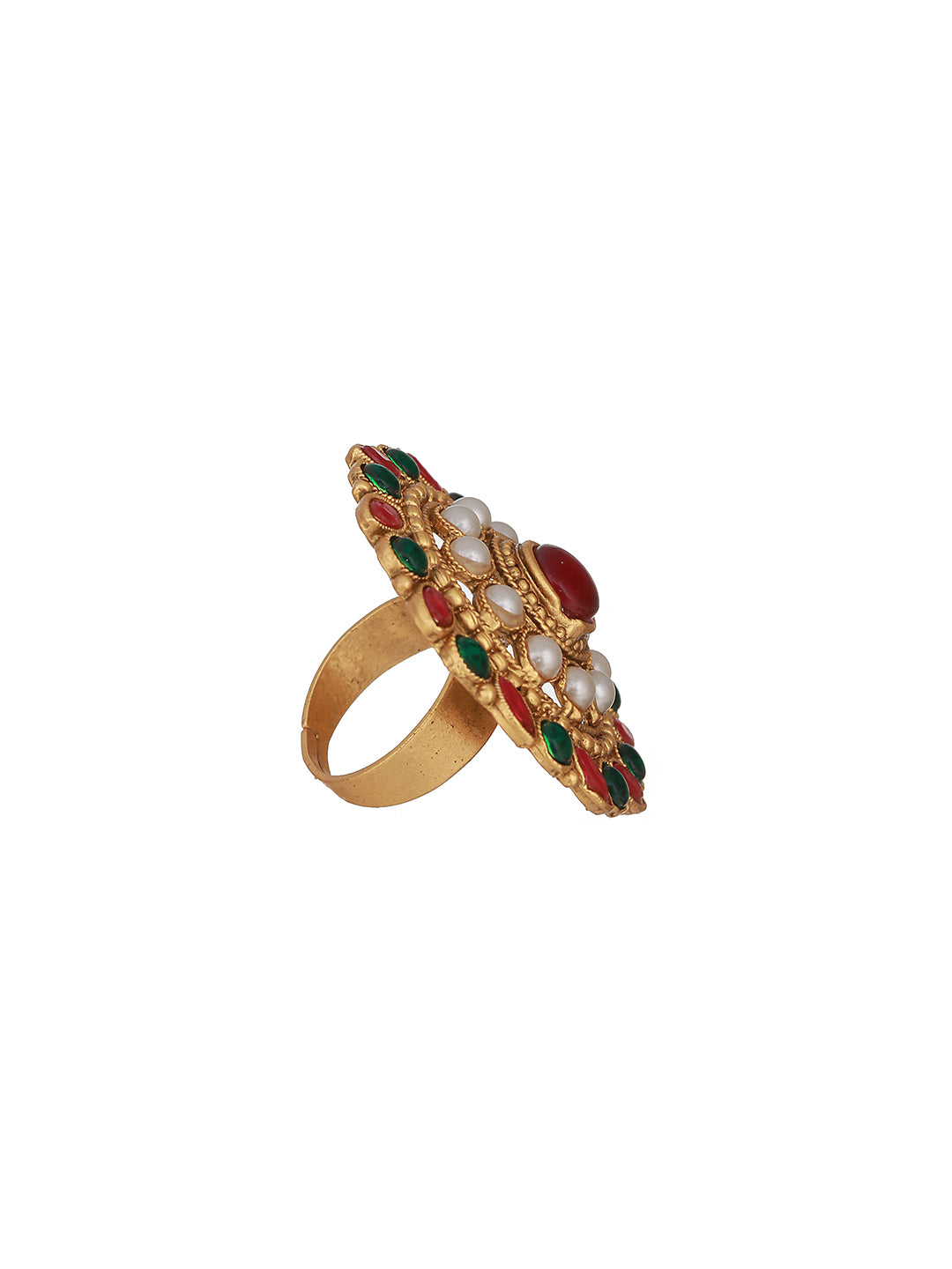 Gold Plated Stone Studded & Beaded Meenakari Adjustable Finger Rings - Jazzandsizzle
