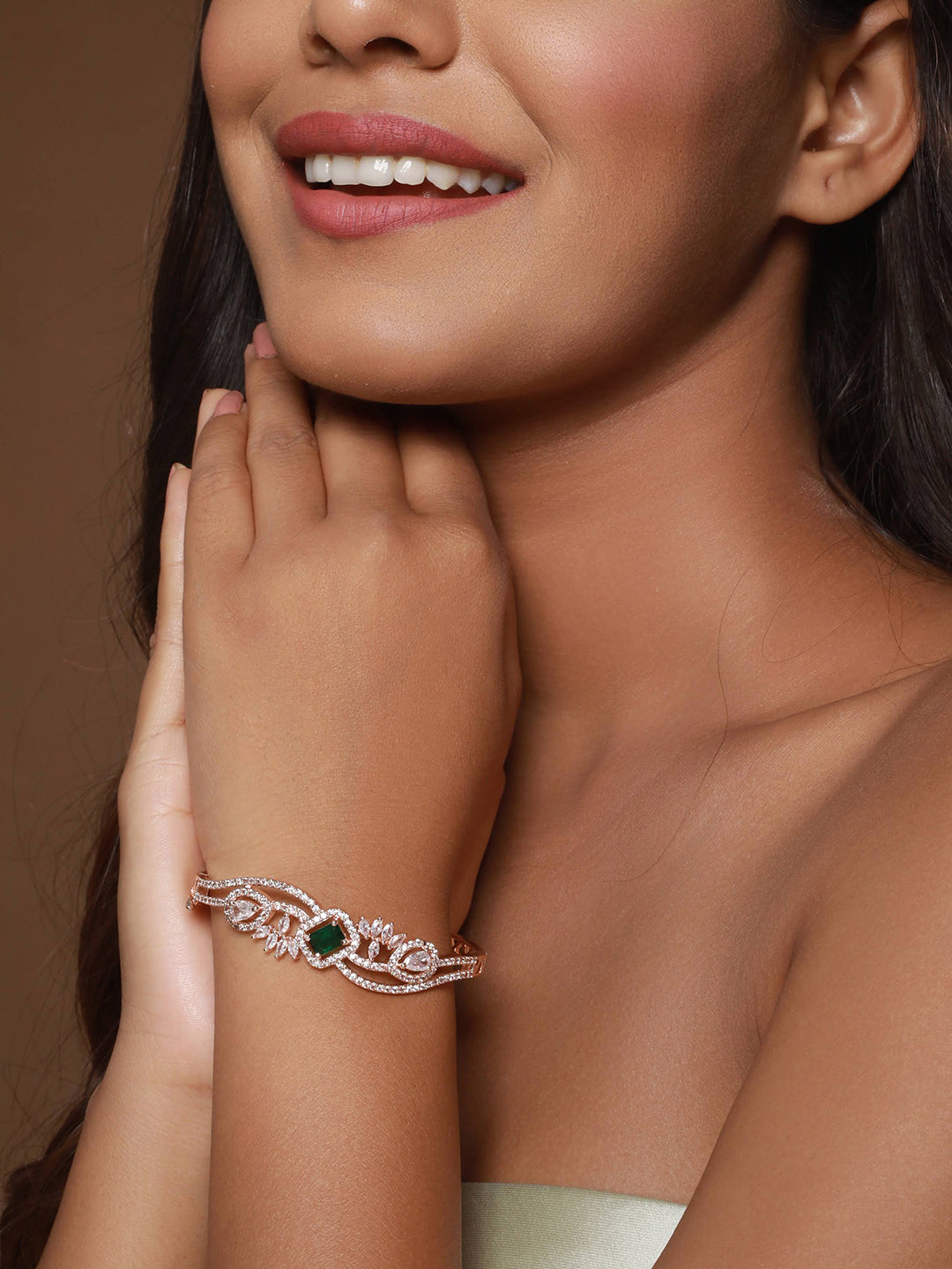 Rose Gold Plated & Green American Diamond Studded Bangle Link Bracelet - Jazzandsizzle