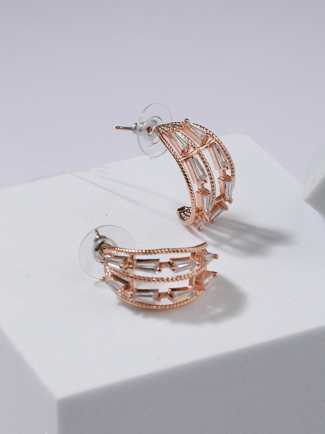 Rose Gold-Plated Cubic Zirconia Studded Half Hoop Earrings - Jazzandsizzle