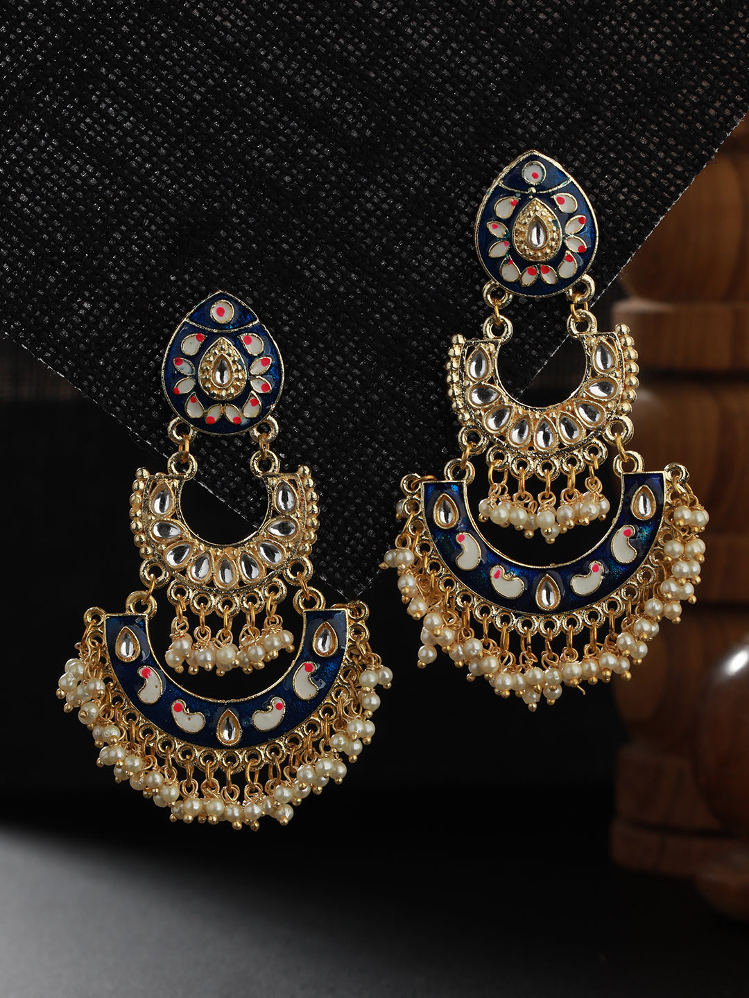 Blue Gold-Plated Meenakari & Pearls Beaded Chandbalis Earrings - Jazzandsizzle