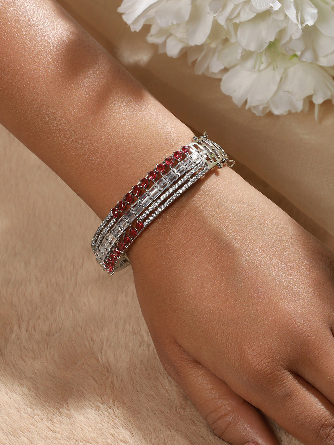 Red American Diamond Studded Rhodium-Plated Link Bracelet - Jazzandsizzle