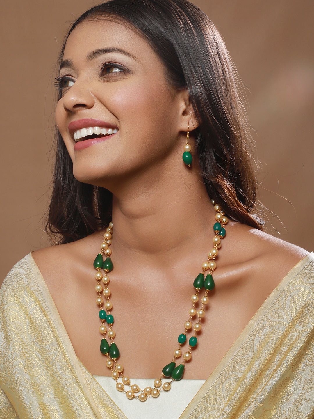 Gold-Plated Beaded Layered Necklace & Earrings - Jazzandsizzle