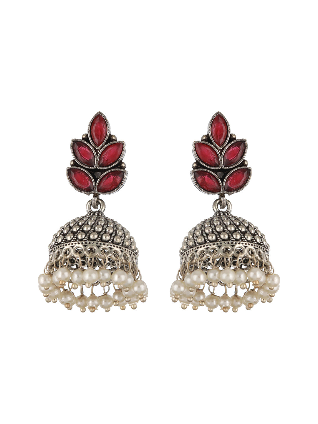 Silver-Plated Pearl Beaded & Maroon Stone Studded Handcrafted Dome Shaped Jhumkas - Jazzandsizzle