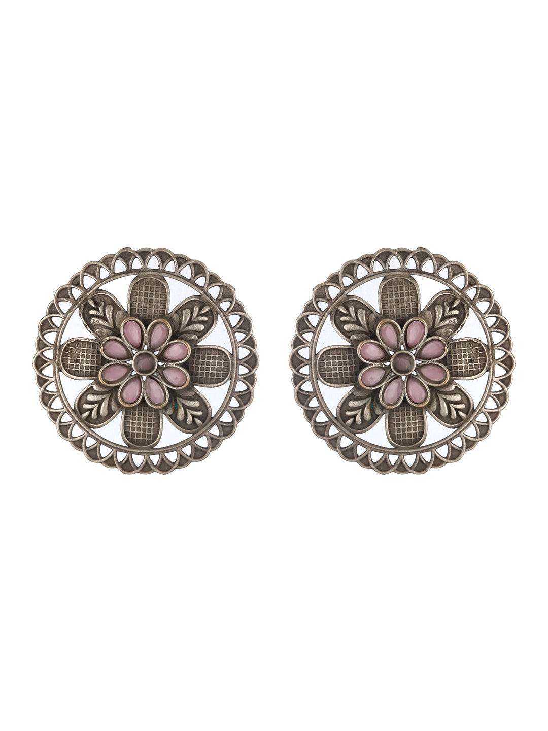 Pink & Silver-Plated & Oxidised Textured Floral Studs Earrings - Jazzandsizzle