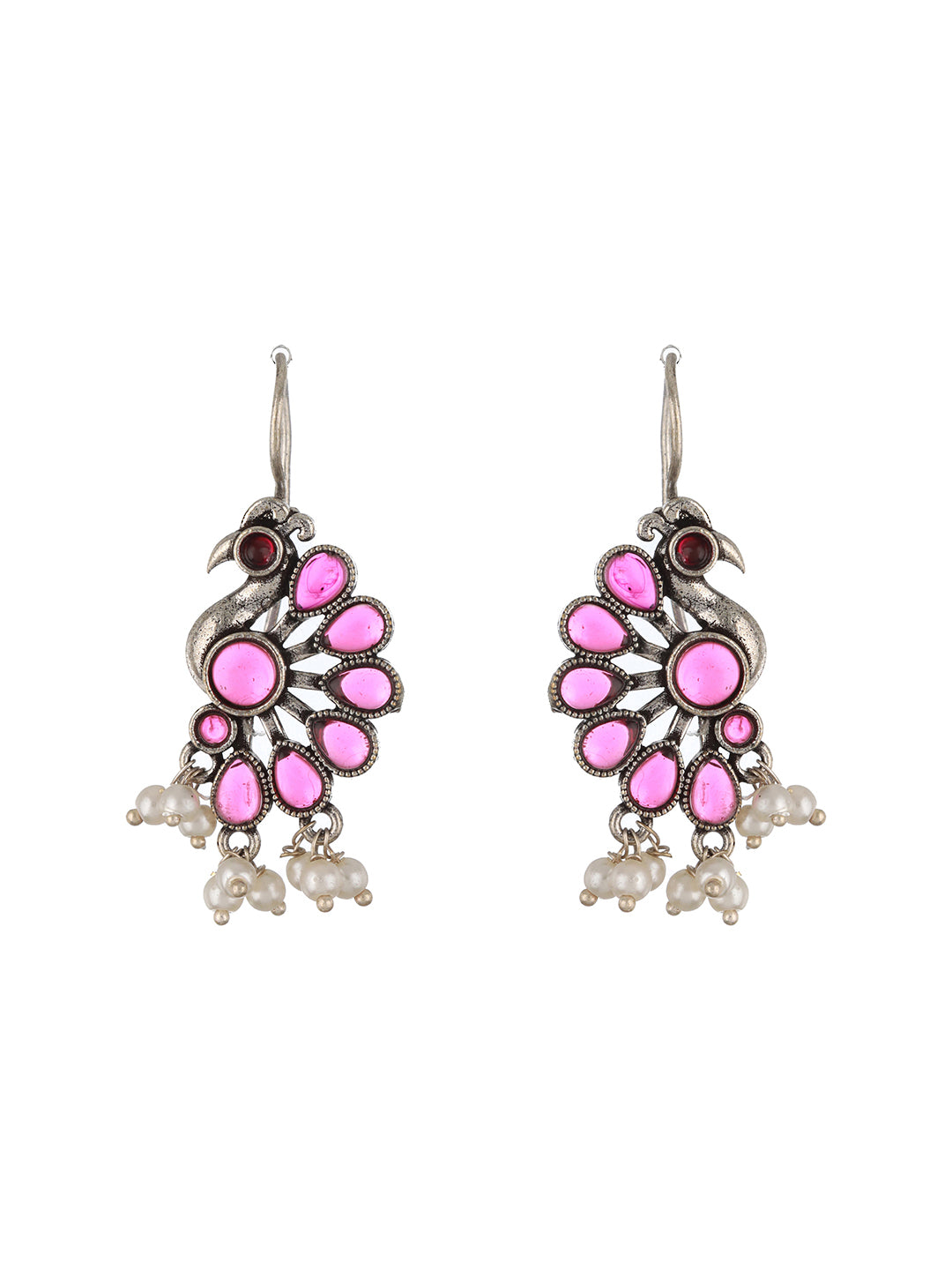 Silver-Plated Red Stone Studded & Pearl Beaded Peacock Shaped Drop Earrings - Jazzandsizzle