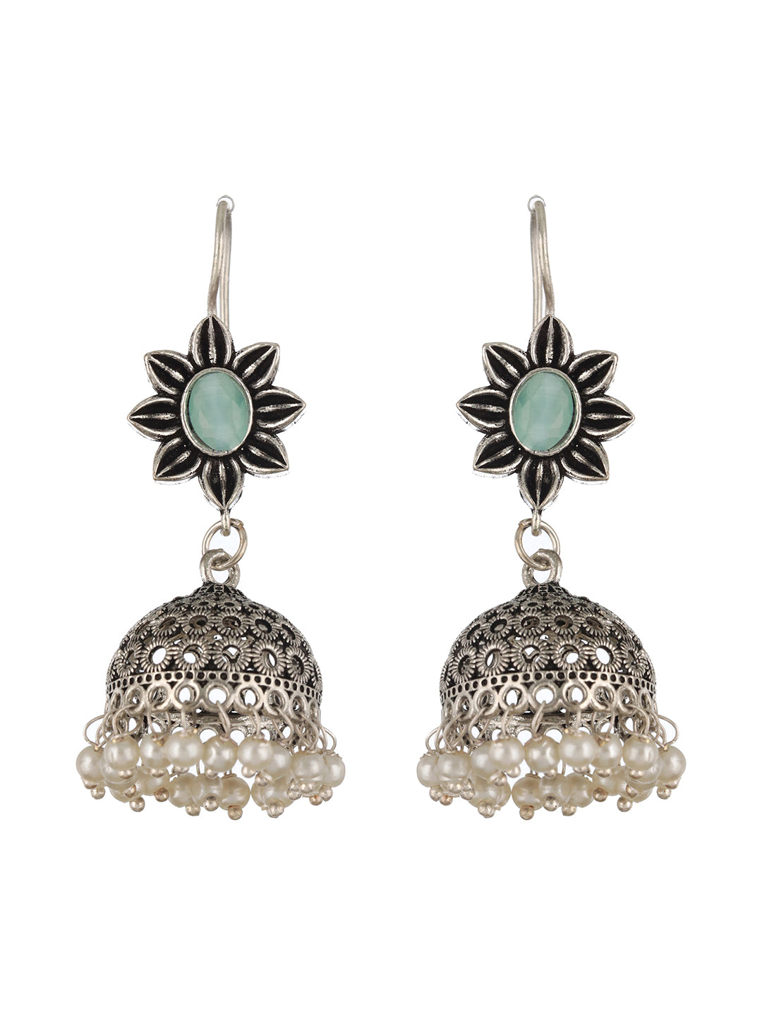 Oxidized Silver-Plated Green Stone Studded Dome Shaped Jhumkas - Jazzandsizzle