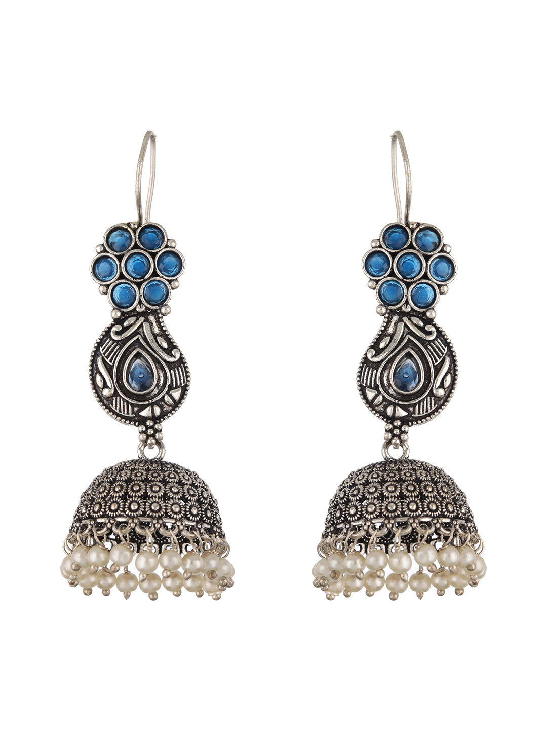Oxidized Silver-Plated Blue Stone Studded Dome Shaped Jhumkas - Jazzandsizzle