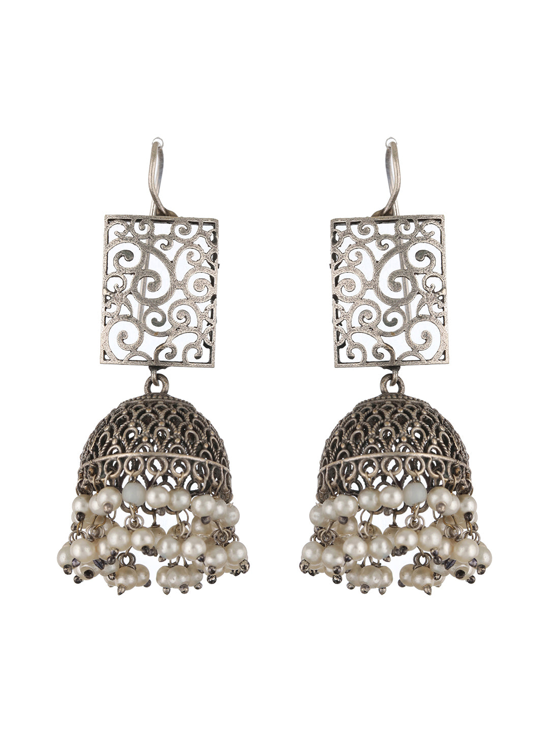 Silver-Plated & Silver Toned White Pearl Beaded Dome Shaped Jhumkas - Jazzandsizzle