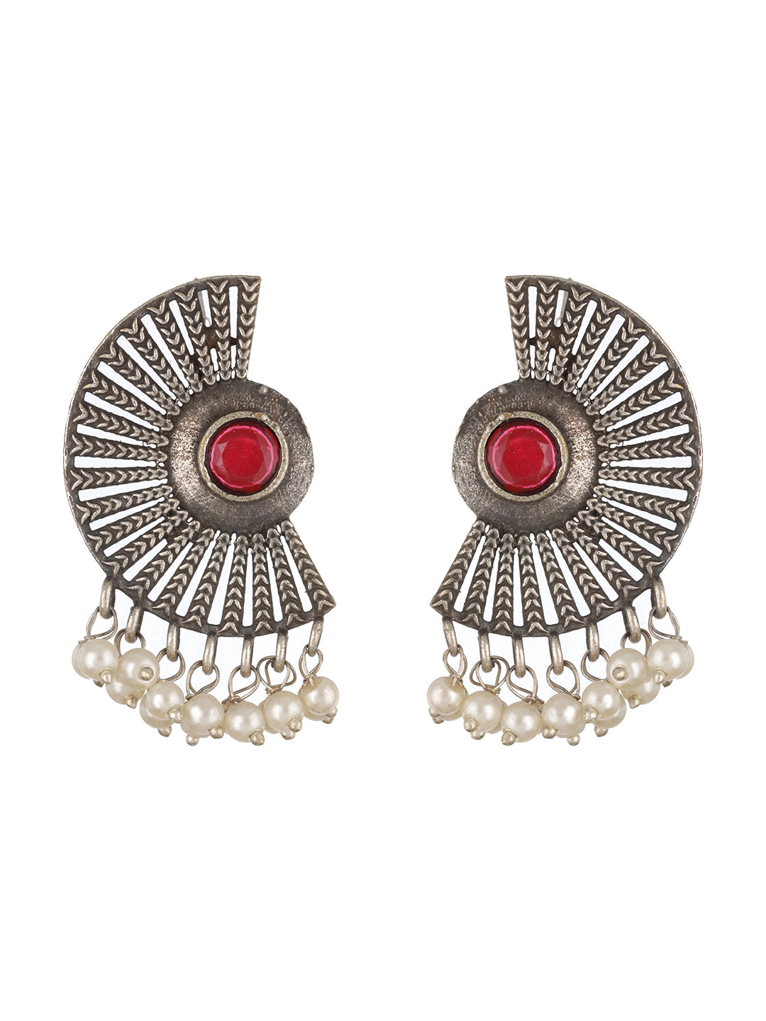 Red & Oxidised Silver-Toned Contemporary Studs Earrings - Jazzandsizzle