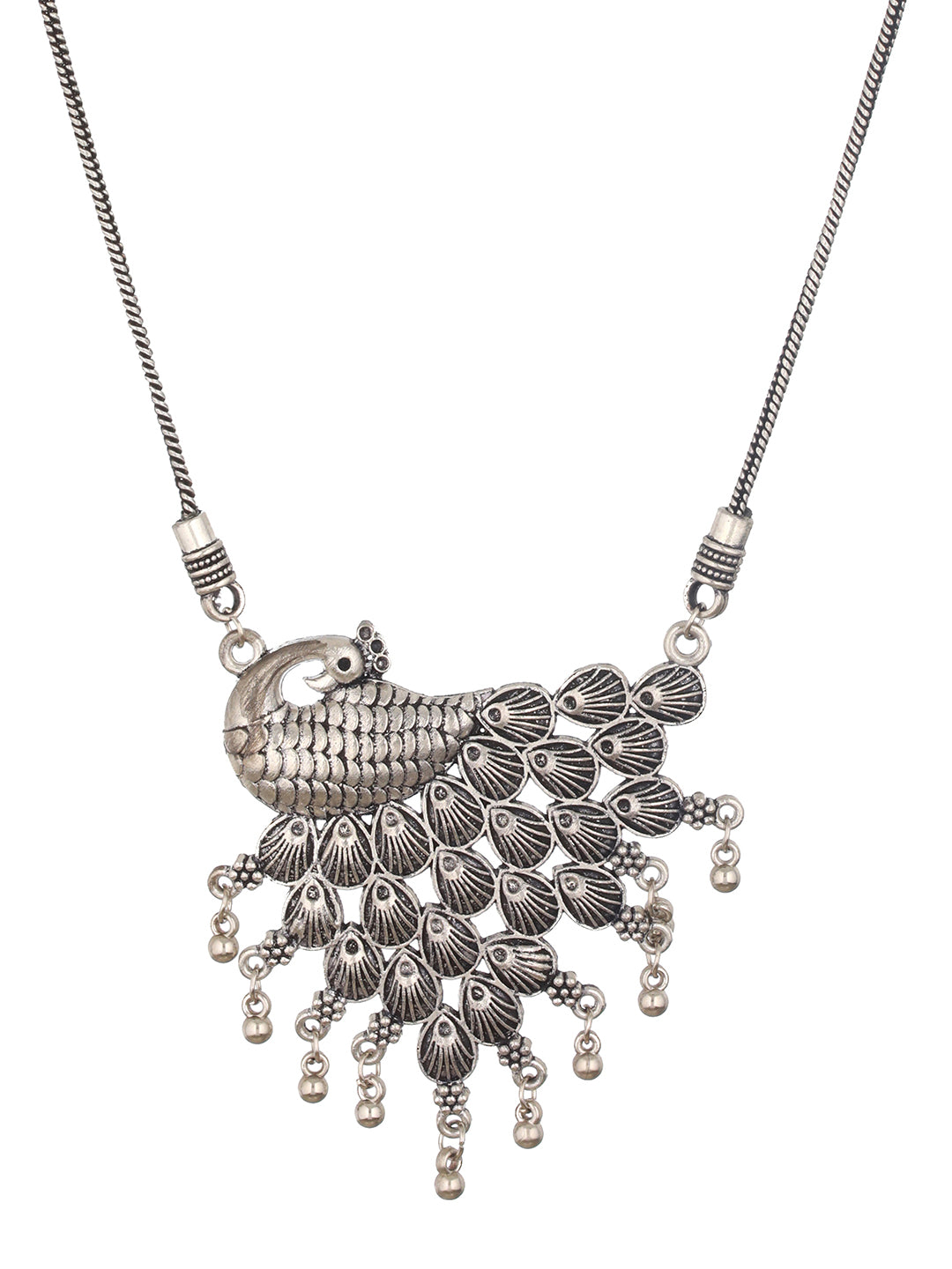 Silver Plated Peacock Shaped Oxidised Necklace - Jazzandsizzle