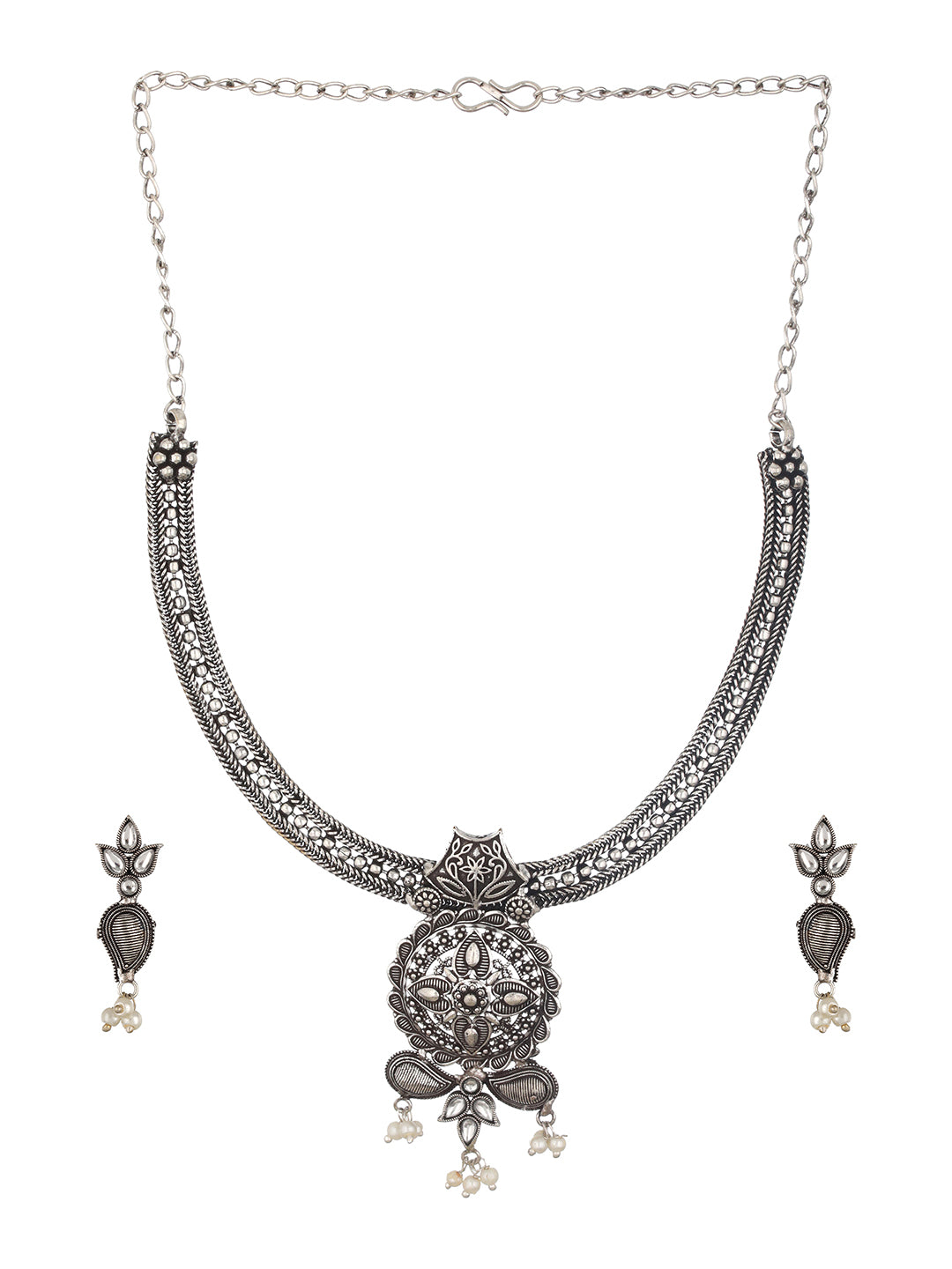 White Silver-Plated Oxidised Stone-Studded Floral Jewellery Set - Jazzandsizzle