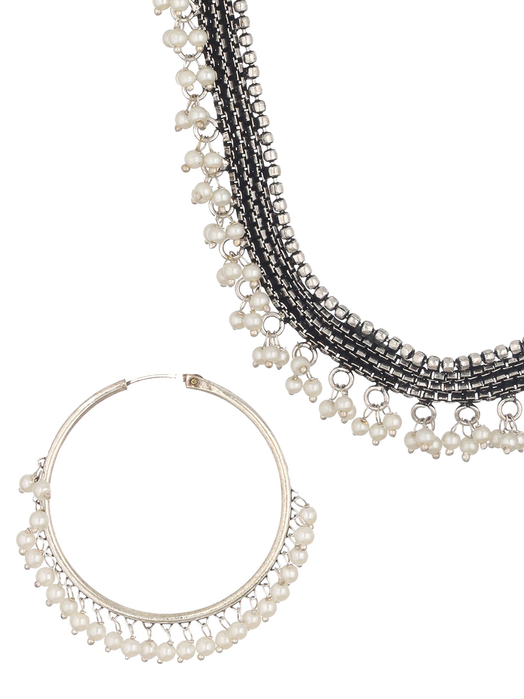Oxidised Silver Plated & Pearl Beaded Necklace with Hoop Earrings - Jazzandsizzle