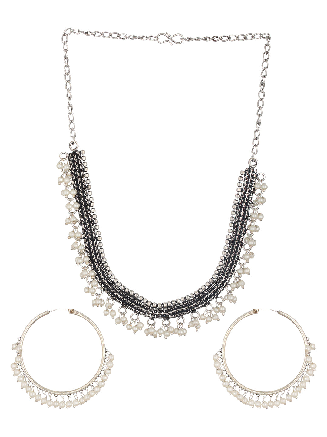 Oxidised Silver Plated & Pearl Beaded Necklace with Hoop Earrings - Jazzandsizzle