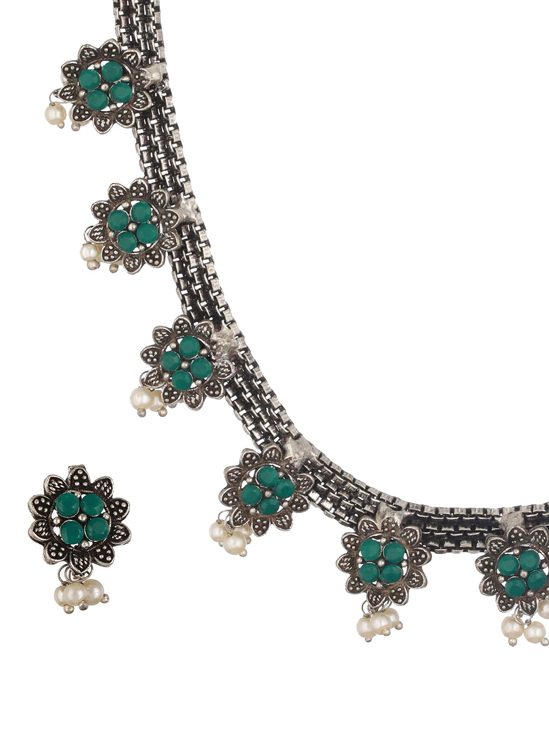 Silver Plated Green Stone Studded & Pearl Beaded Oxidised Jewellery Set - Jazzandsizzle