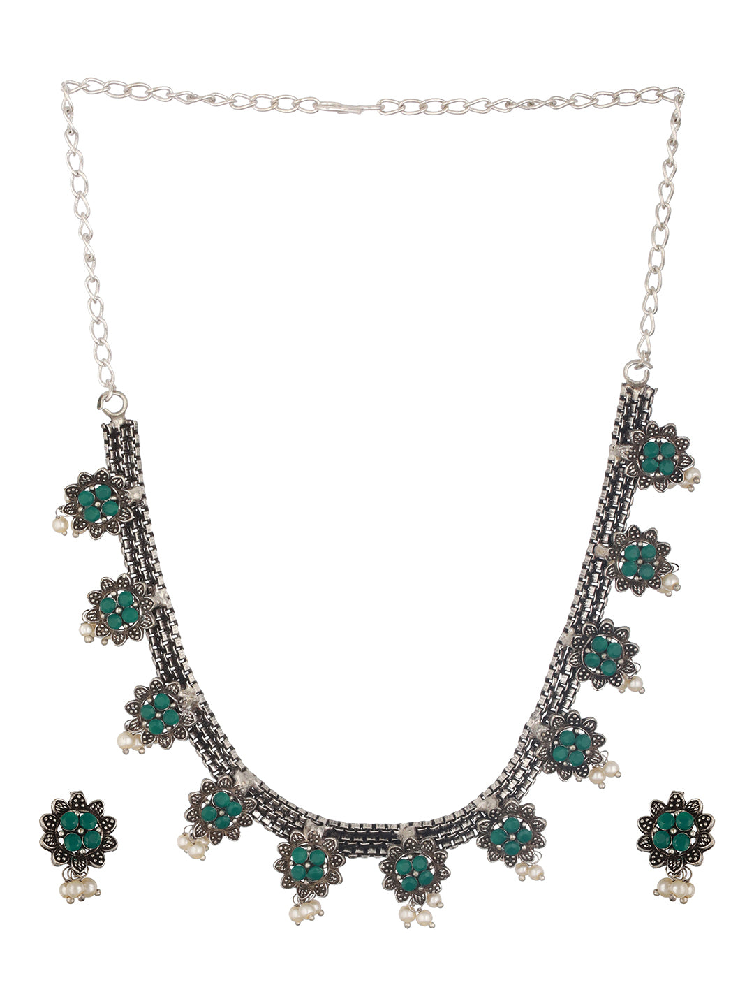 Silver Plated Green Stone Studded & Pearl Beaded Oxidised Jewellery Set - Jazzandsizzle