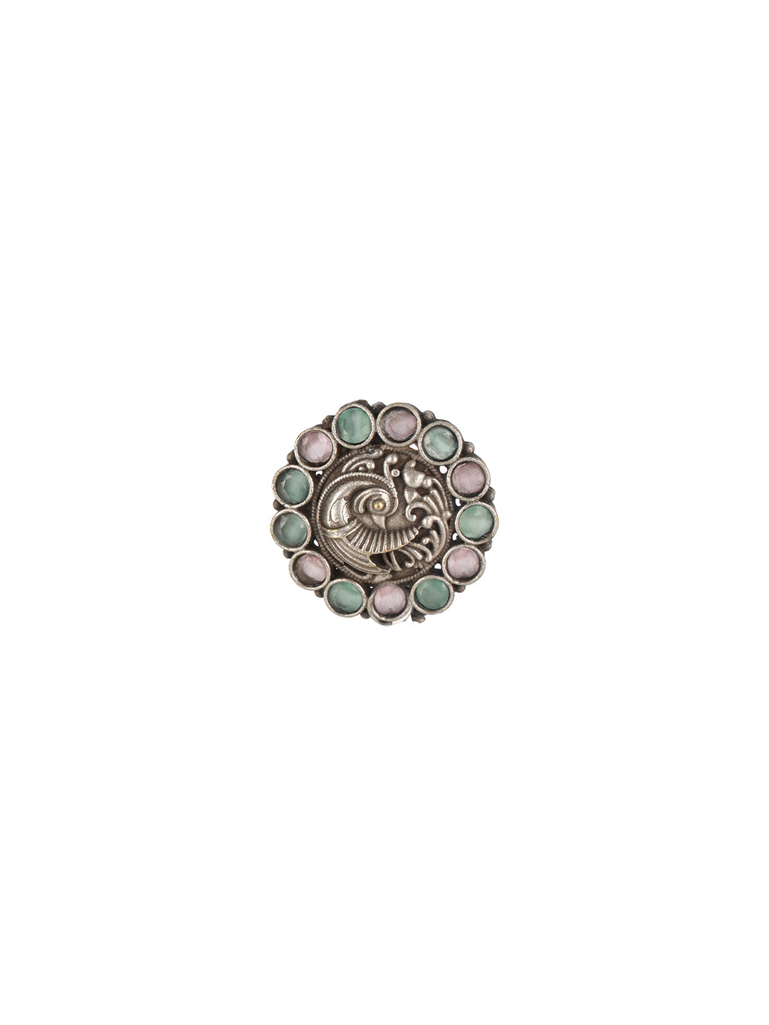 Silver-Plated Pink & Green Stone Studded Oxidised Peacock Shaped Adjustable Finger Ring - Jazzandsizzle
