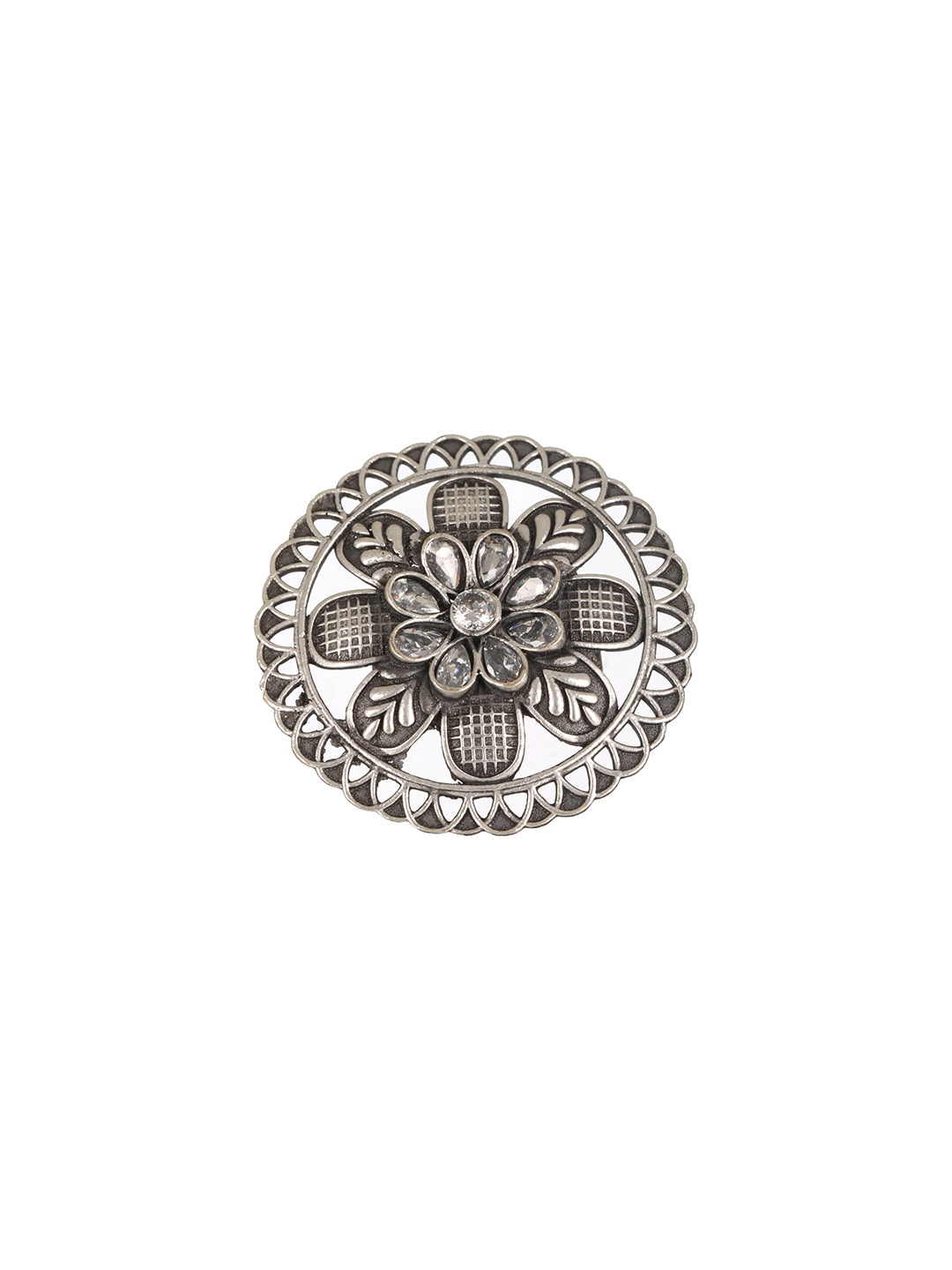 Silver Plated & White Stone-Studded Oxidised Floral Adjustable Finger Ring - Jazzandsizzle