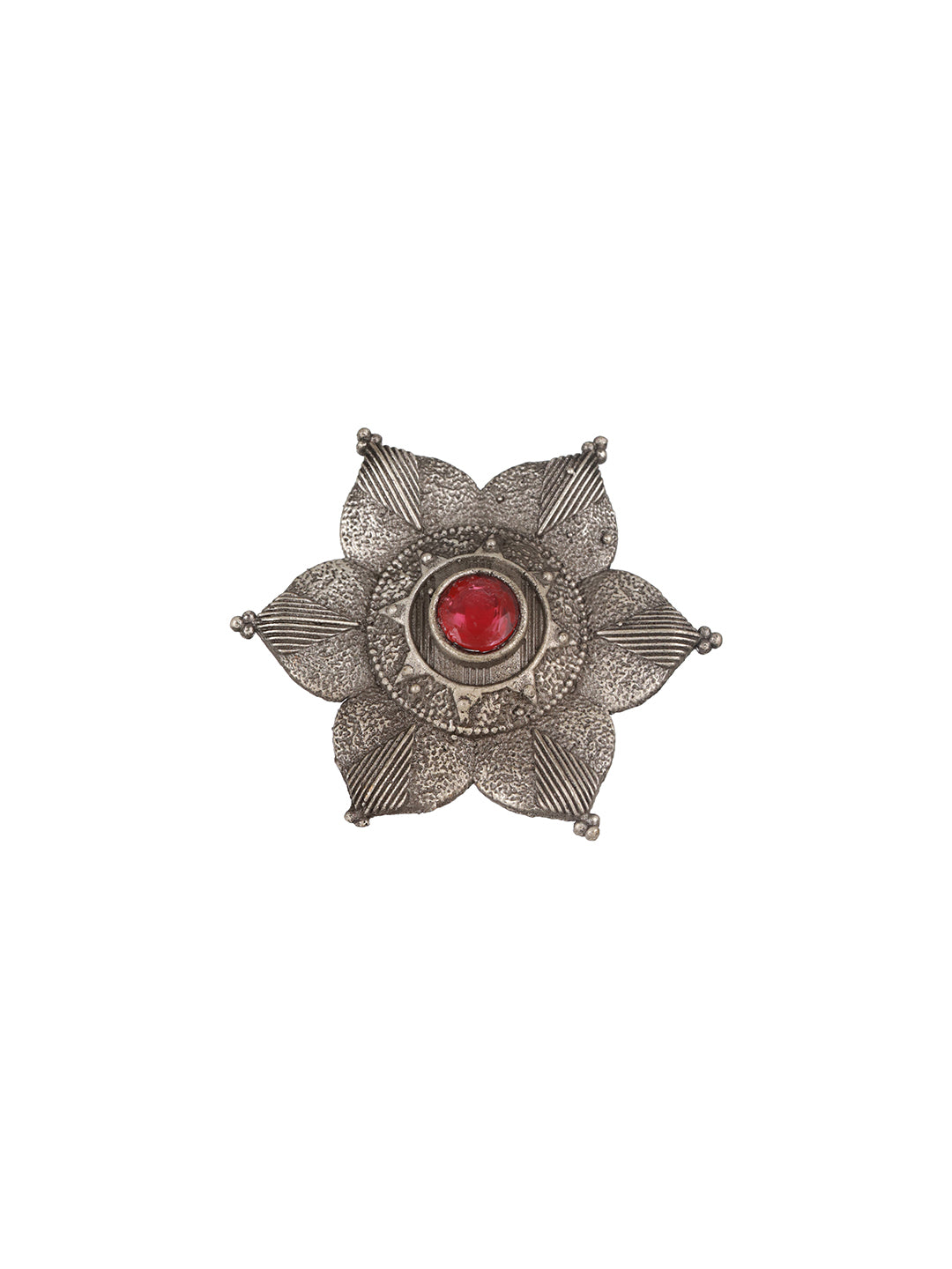 Oxidised Silver-Toned & Red Stone-Studded Adjustable Finger Ring - Jazzandsizzle