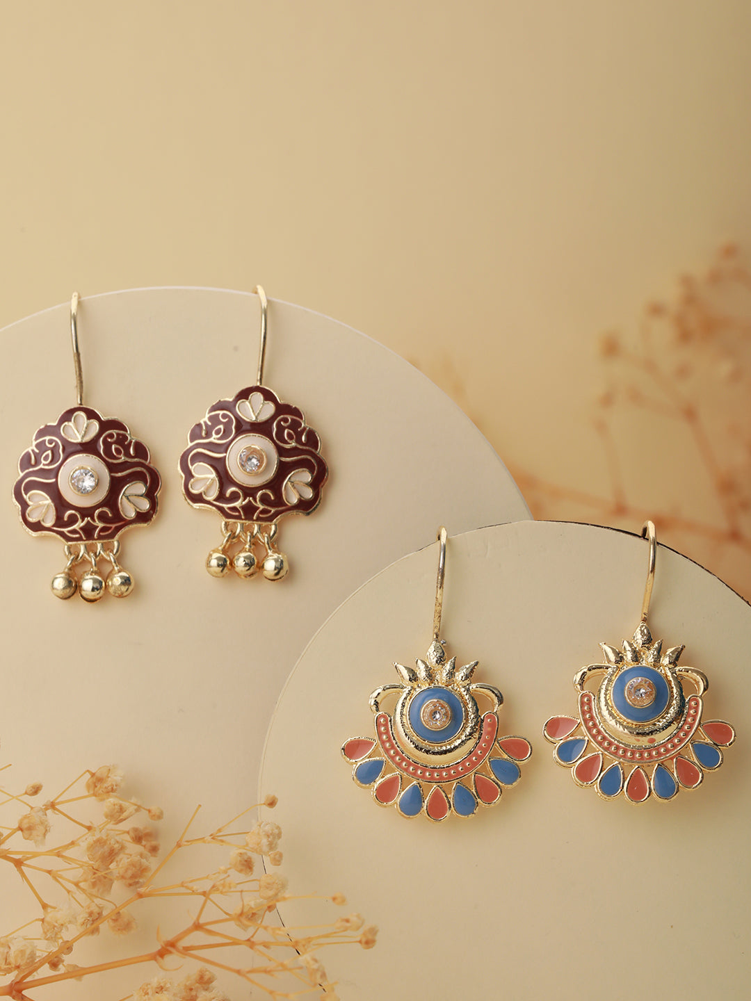 Set of 2 Maroon & Blue Meenakari Gold-Plated Drop Earrings - Jazzandsizzle