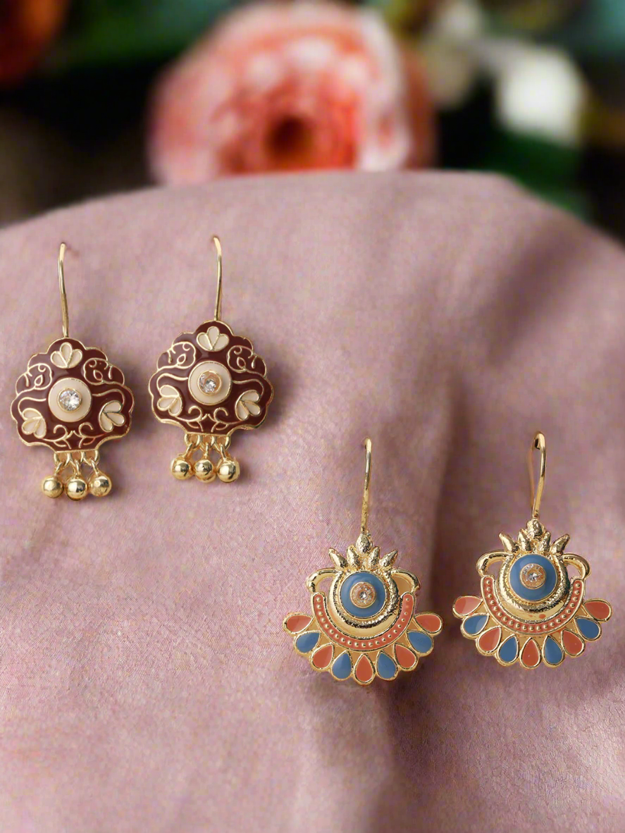 Set Of 2 Maroon & Blue Meenakari Gold-Plated Drop Earrings