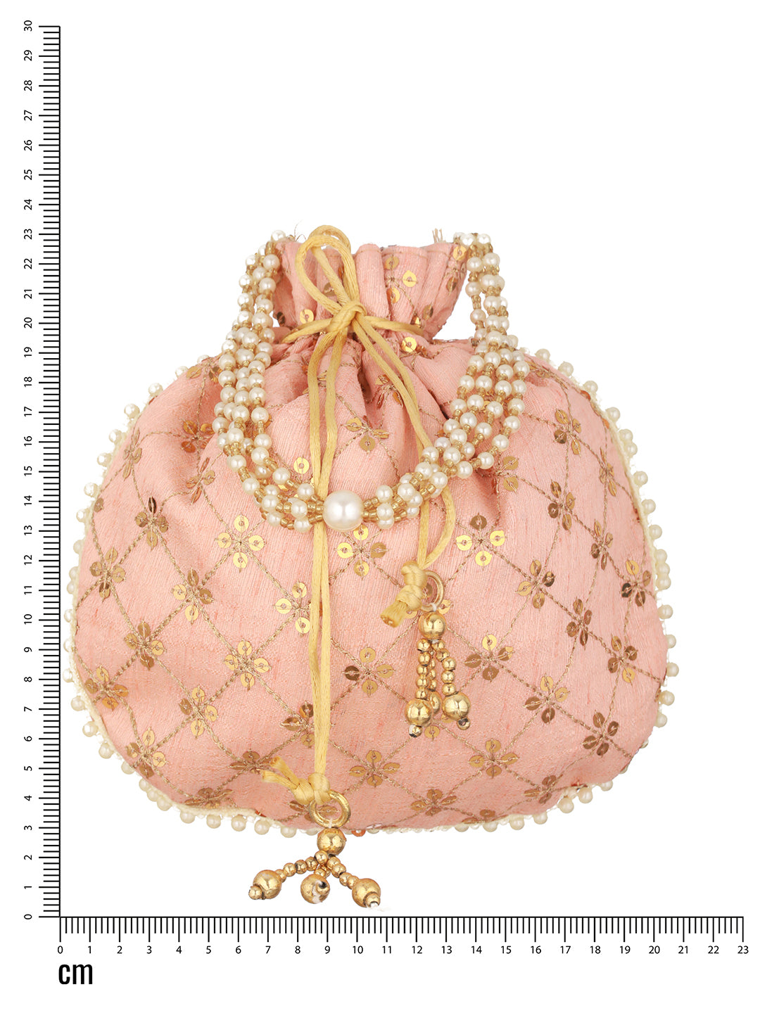 Peach-Coloured & Gold-Toned Embellished Potli Clutch - Jazzandsizzle