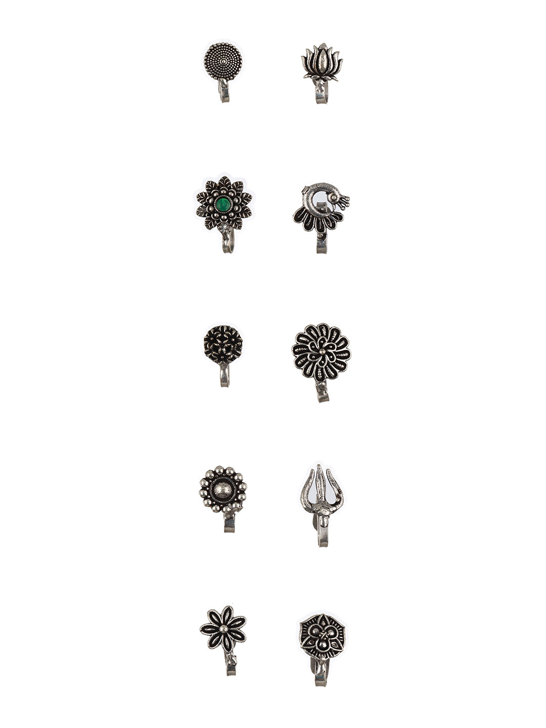 Set of 10 Silver-Plated Oxidised Stone Studded Nose Pins - Jazzandsizzle