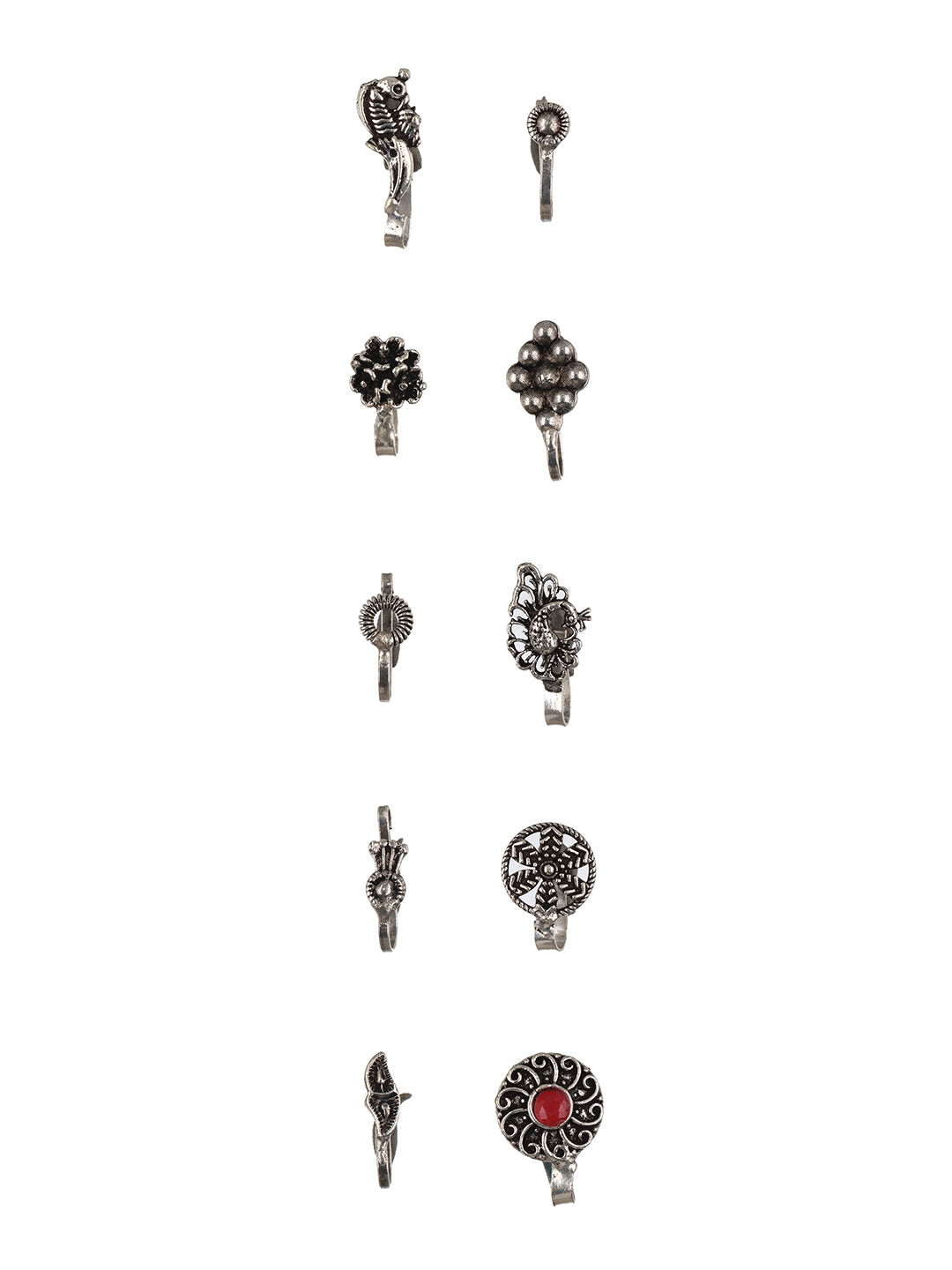 Set of 10 Silver-Plated Oxidised Stone Studded Nose Pins - Jazzandsizzle