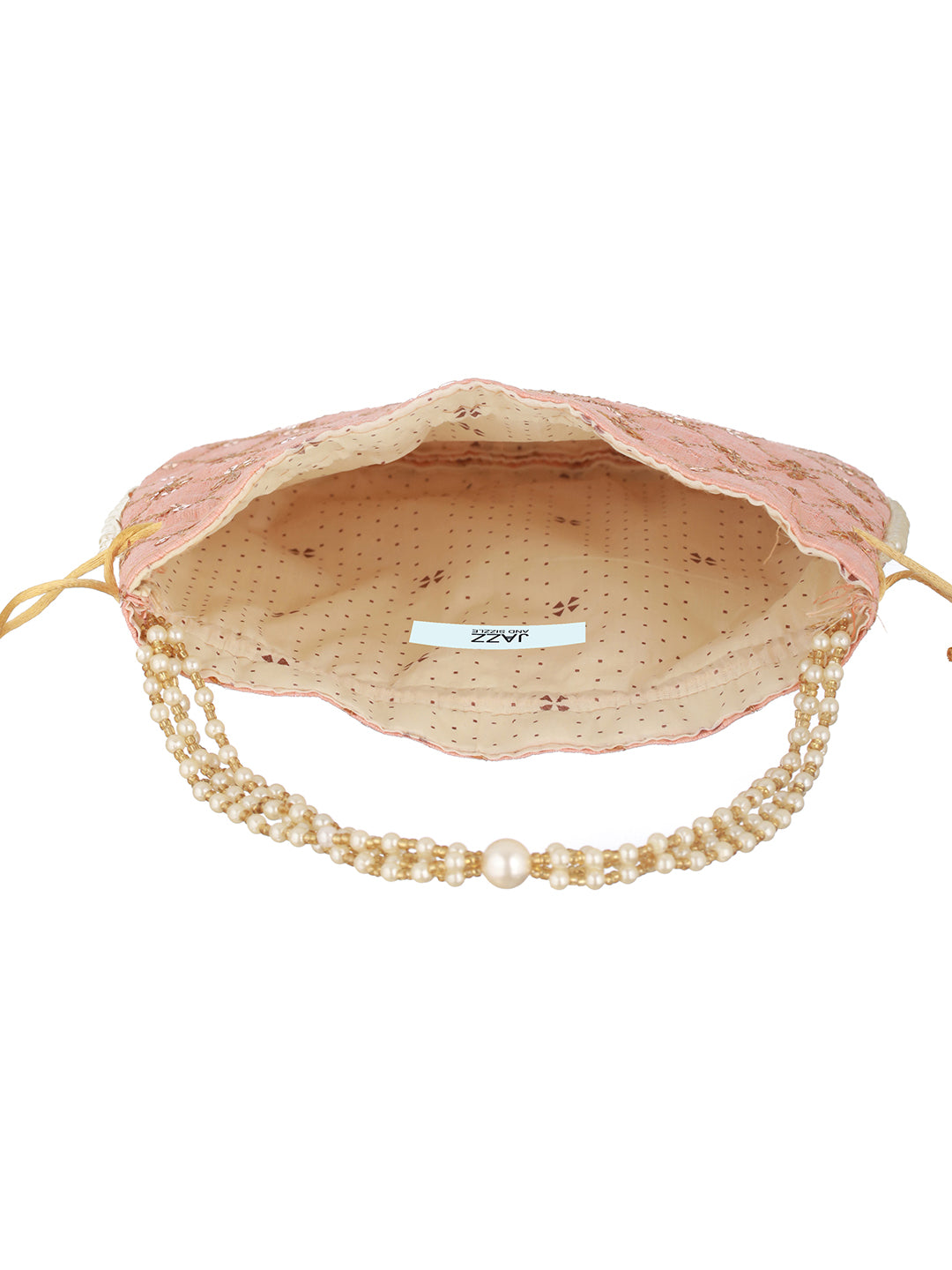 Peach-Coloured & Gold-Toned Embellished Potli Clutch - Jazzandsizzle