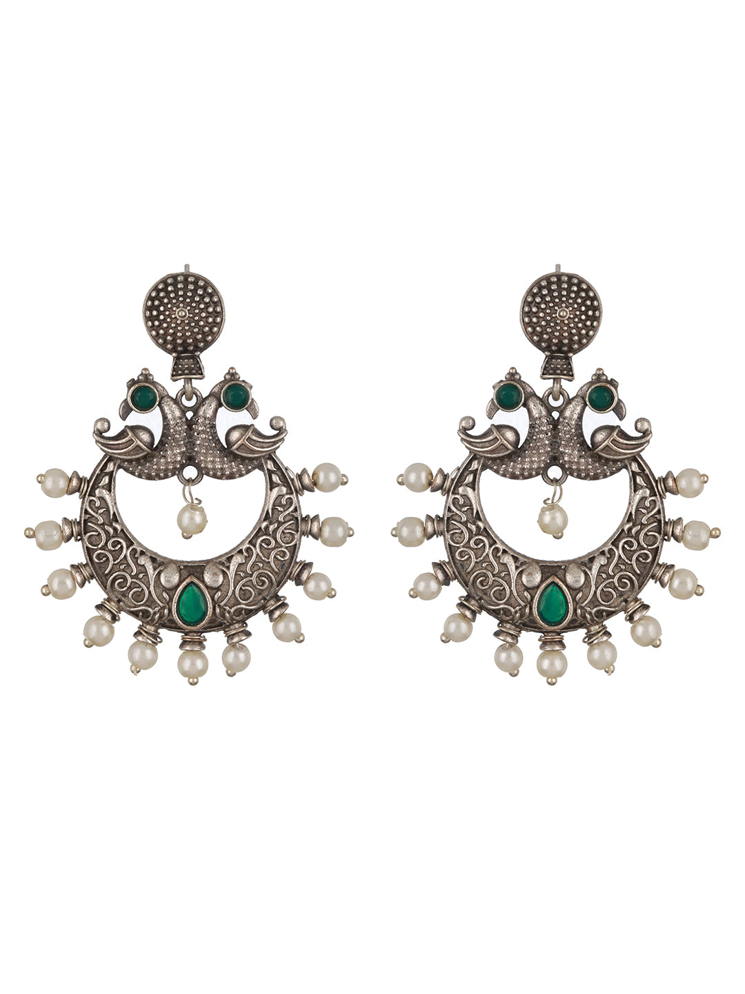 Oxidized Silver-Toned Green Stone studded & Pearl Dome Shaped Chandbalis - Jazzandsizzle