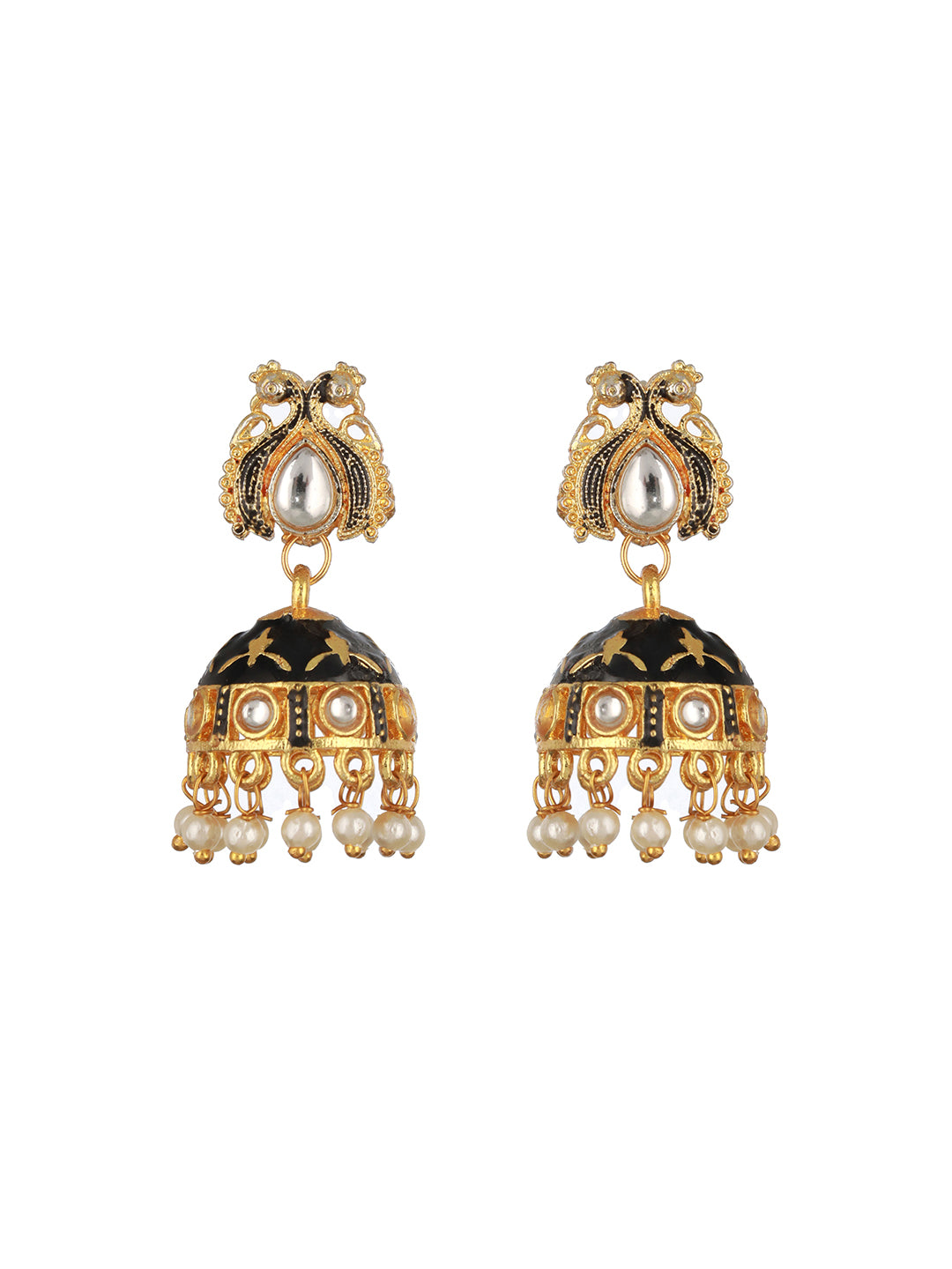 Gold Plated Stone Studded Black Meenakari Jhumka Earrings - Jazzandsizzle
