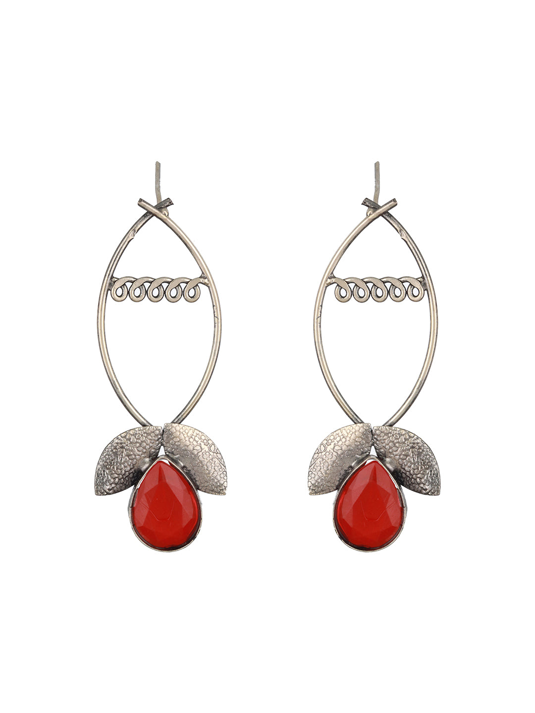 Red Stone studded & Lef Shaped Contemporary Drop Earrings - Jazzandsizzle