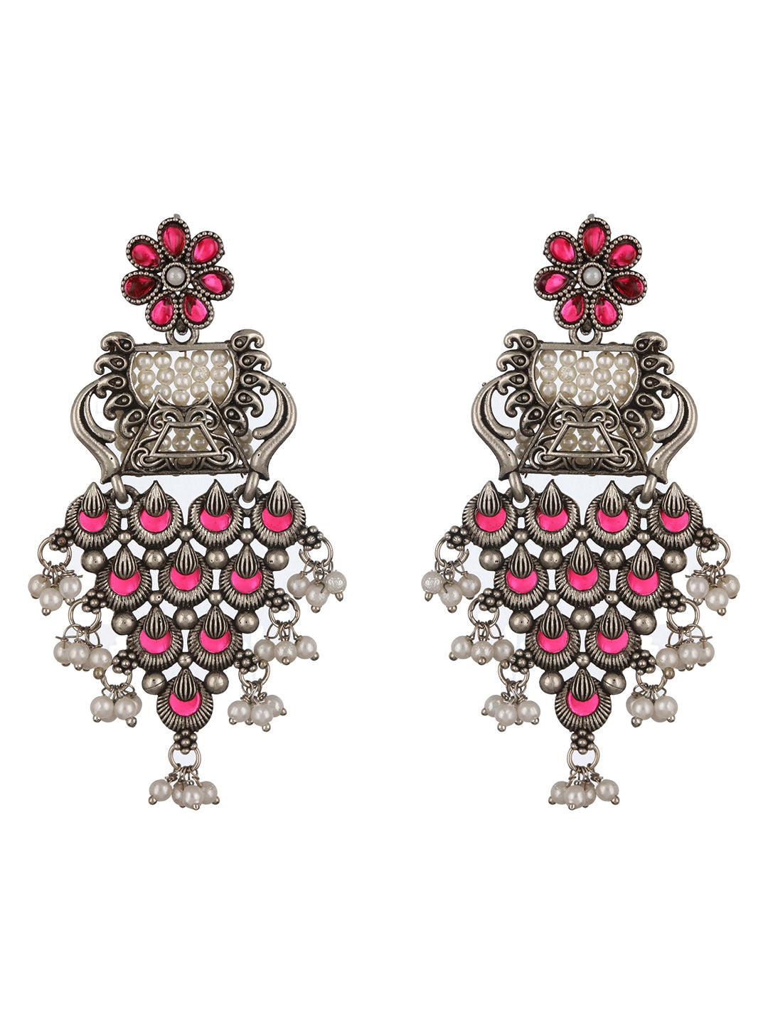 Silver-Plated Red Stone Studded & Pearl Beaded Oxidised Jewellery Set - Jazzandsizzle