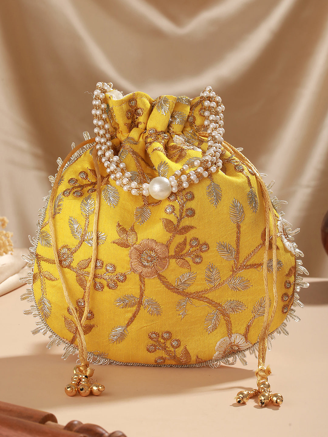 Yellow & Gold-Toned with Rich Embroidered Potli Clutch - Jazzandsizzle