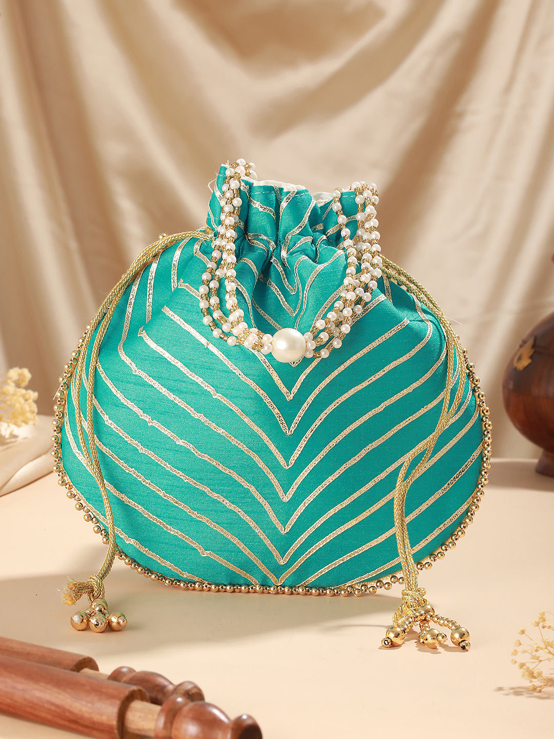 Sky Blue & Gold Embellished Potli Clutch - Jazzandsizzle