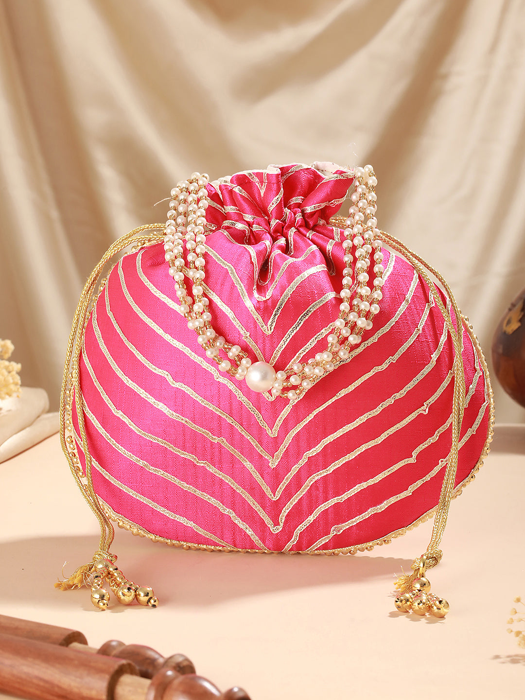 Hot Pink & Gold Embellished Potli Clutch - Jazzandsizzle