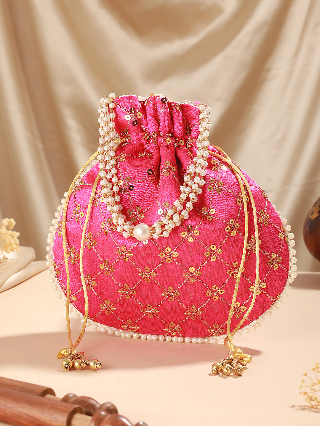 Hot Pink-Coloured & Gold-Toned Embellished Potli Clutch - Jazzandsizzle