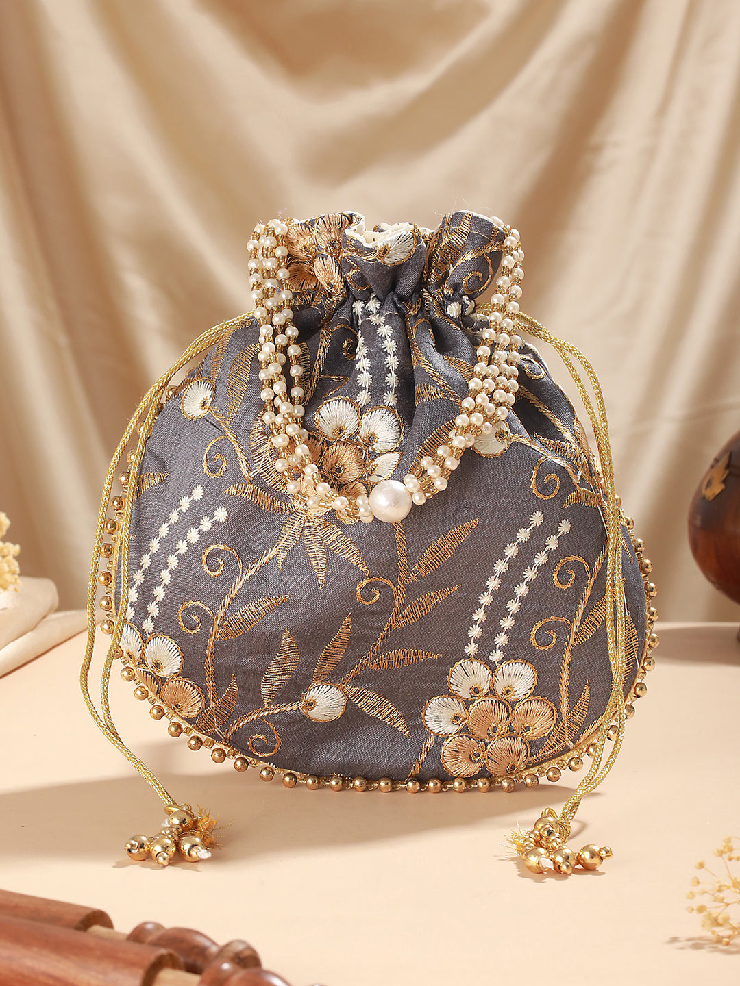 Grey & Gold Embroidered Embellished Potli Clutch - Jazzandsizzle