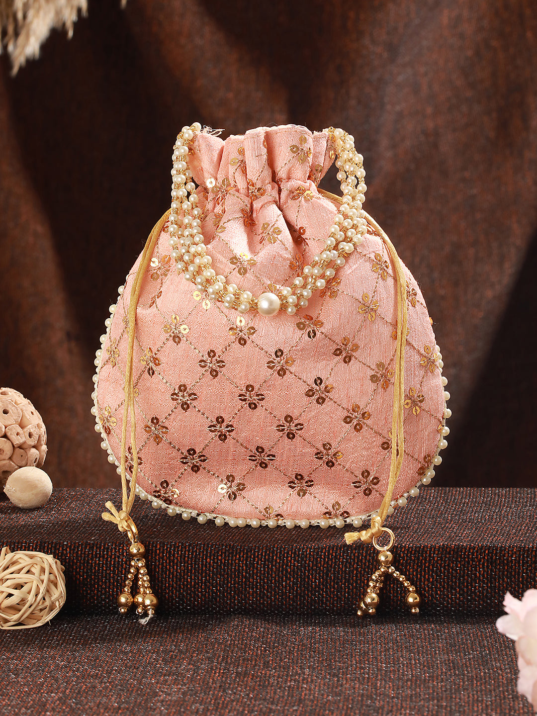 Peach-Coloured & Gold-Toned Embellished Potli Clutch - Jazzandsizzle